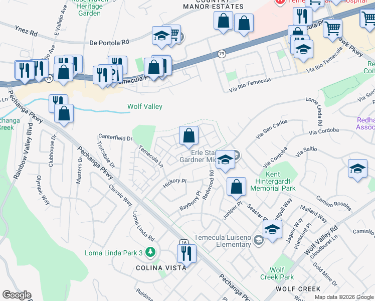 map of restaurants, bars, coffee shops, grocery stores, and more near 31186 Lavender Court in Temecula