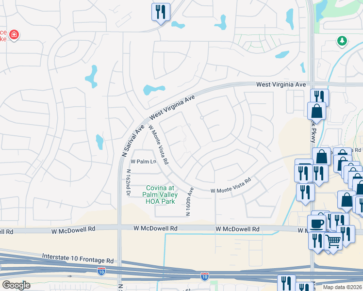 map of restaurants, bars, coffee shops, grocery stores, and more near 16053 West Harvard Street in Goodyear