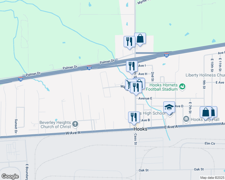 map of restaurants, bars, coffee shops, grocery stores, and more near 1 Wilder Place in Hooks