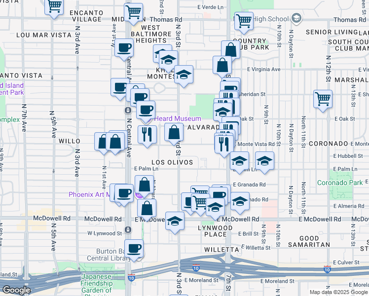 map of restaurants, bars, coffee shops, grocery stores, and more near 2034 North 3rd Street in Phoenix