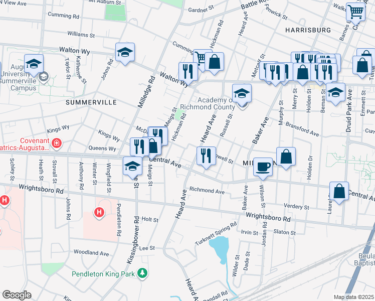 map of restaurants, bars, coffee shops, grocery stores, and more near 1112 Cobb Street in Augusta