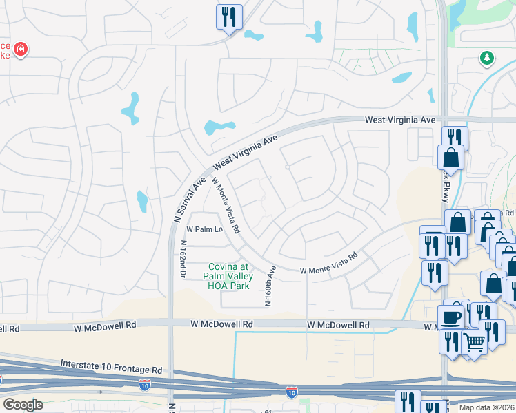 map of restaurants, bars, coffee shops, grocery stores, and more near 16053 West Harvard Street in Goodyear