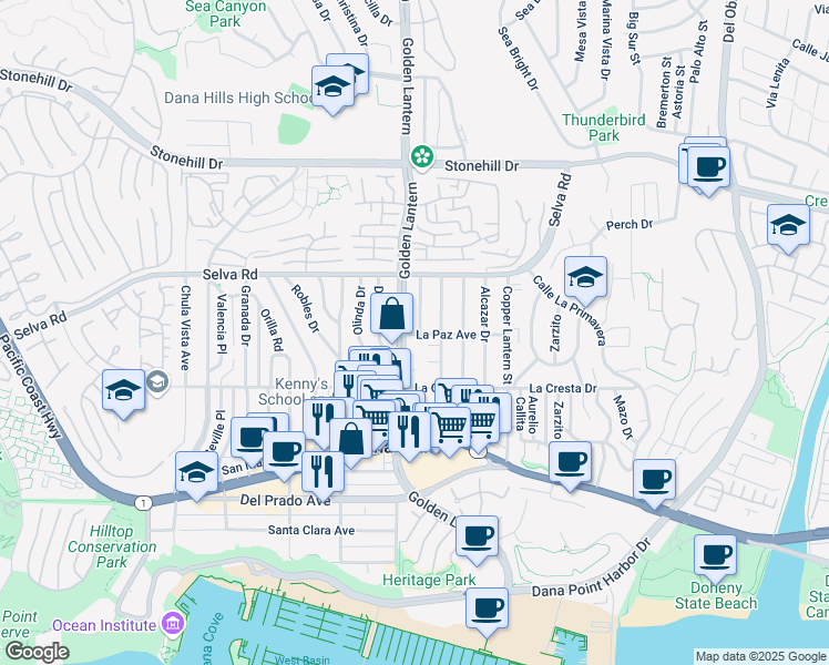map of restaurants, bars, coffee shops, grocery stores, and more near 24762 La Paz Avenue in Dana Point