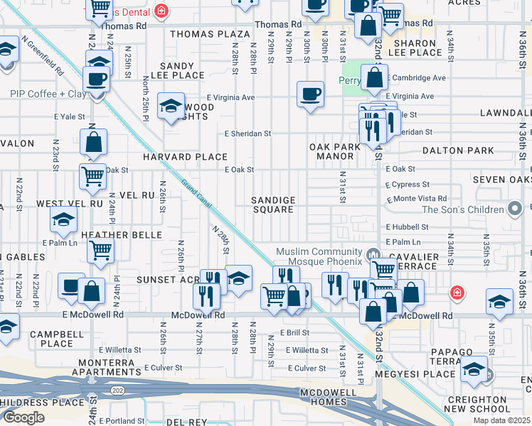 map of restaurants, bars, coffee shops, grocery stores, and more near 2042 North 30th Street in Phoenix