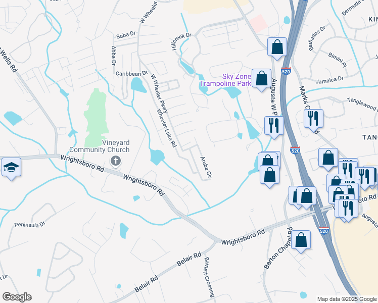 map of restaurants, bars, coffee shops, grocery stores, and more near 5306 Grenada Lane in Augusta