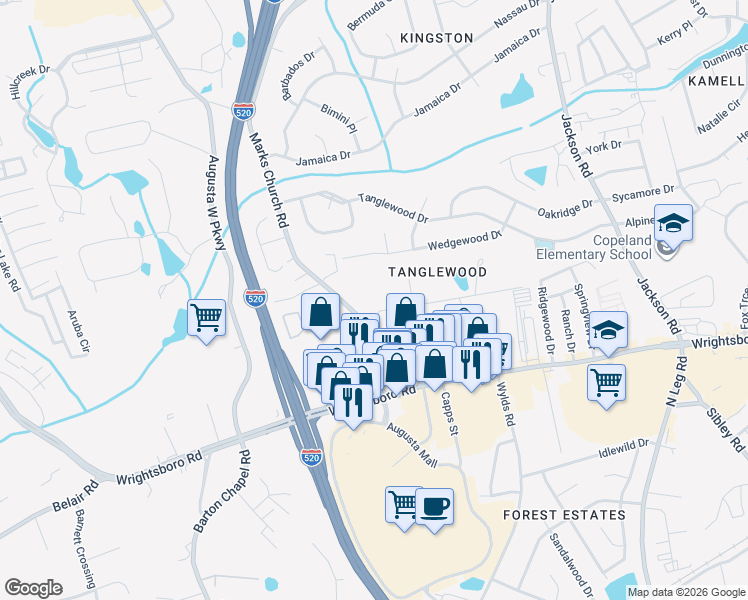 map of restaurants, bars, coffee shops, grocery stores, and more near 3397 1/2 Beaver Drive in Augusta