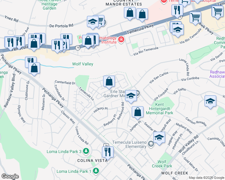 map of restaurants, bars, coffee shops, grocery stores, and more near 44982 Bellflower Lane in Temecula