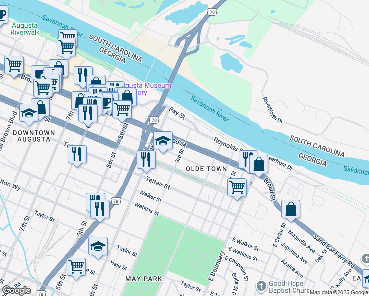 map of restaurants, bars, coffee shops, grocery stores, and more near 202 3rd Street in Augusta