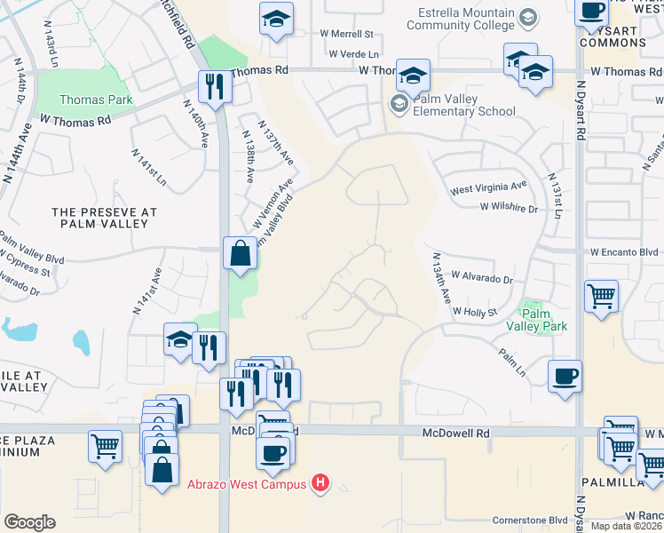 map of restaurants, bars, coffee shops, grocery stores, and more near 13604 West Cypress Street in Goodyear
