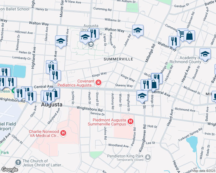 map of restaurants, bars, coffee shops, grocery stores, and more near 2267 Central Ave in Augusta