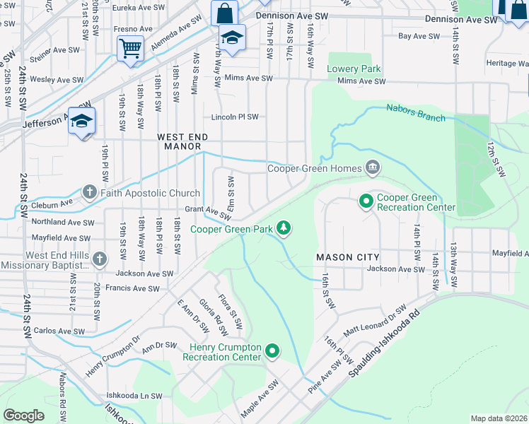 map of restaurants, bars, coffee shops, grocery stores, and more near 1725 Grant Avenue Southwest in Birmingham