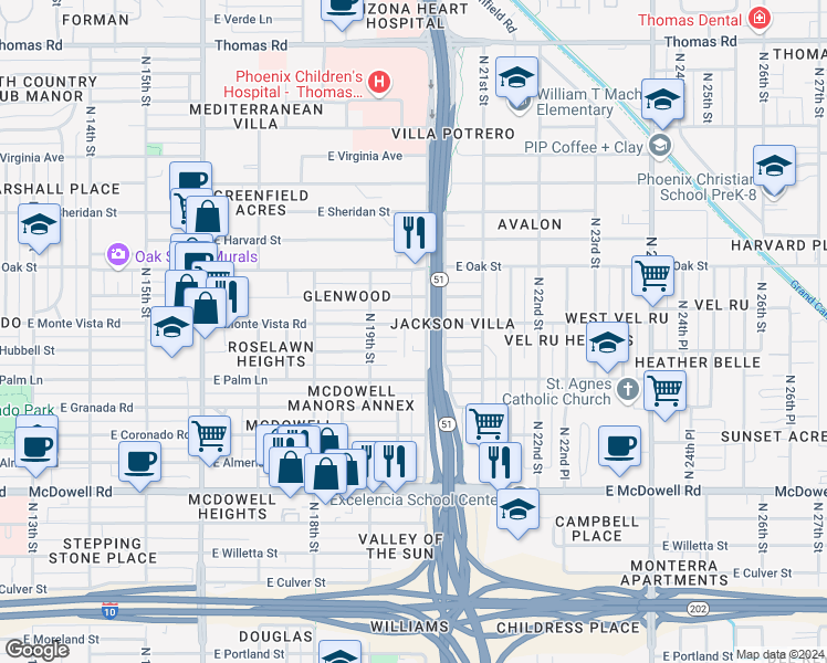 map of restaurants, bars, coffee shops, grocery stores, and more near 1947 East Monte Vista Road in Phoenix