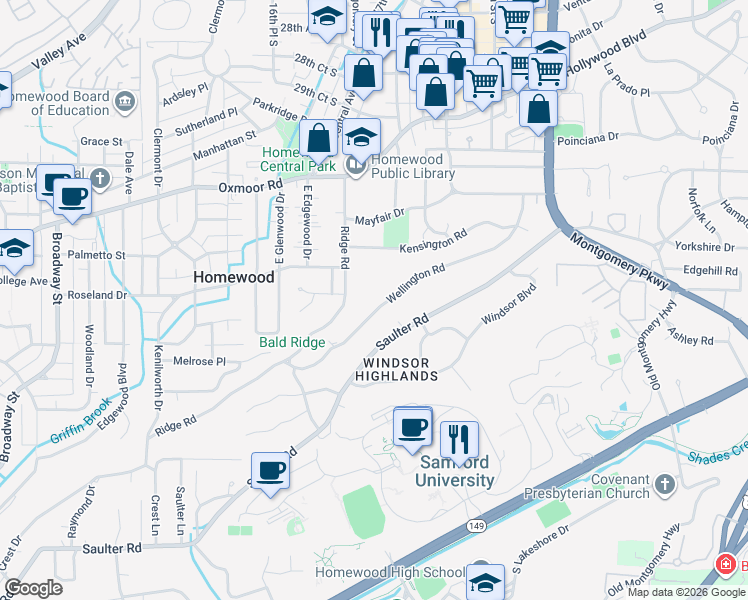 map of restaurants, bars, coffee shops, grocery stores, and more near 1616 Wellington Road in Birmingham