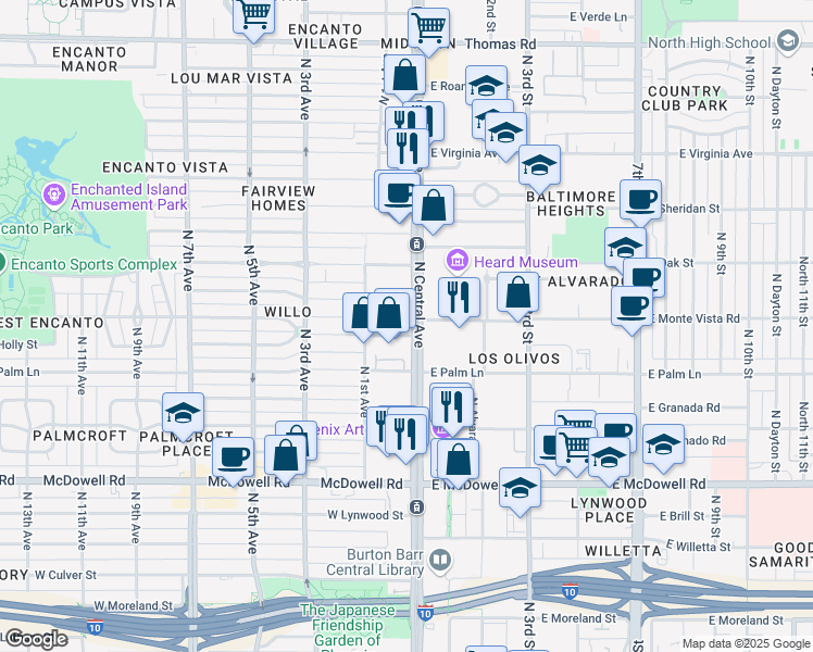 map of restaurants, bars, coffee shops, grocery stores, and more near 2110 North Central Avenue in Phoenix