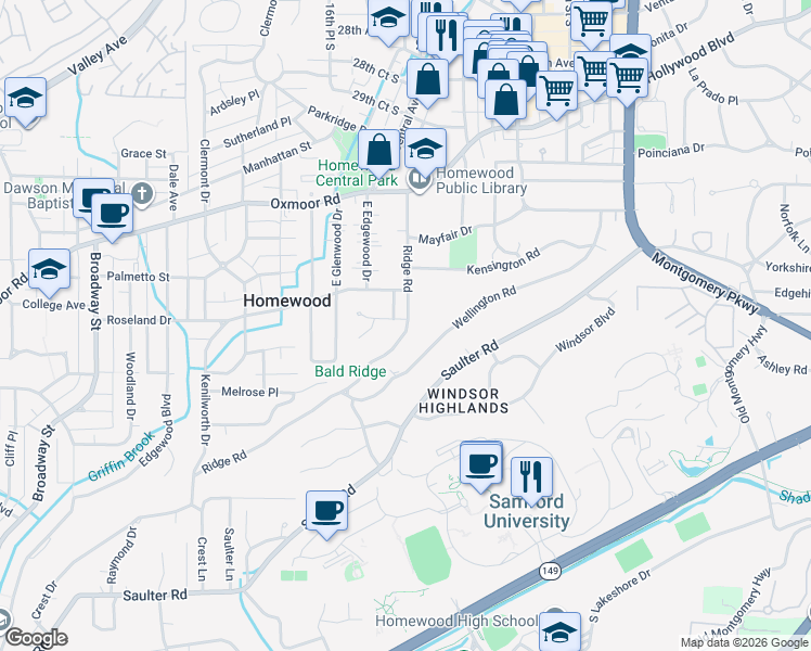 map of restaurants, bars, coffee shops, grocery stores, and more near 1717 Shades Park Drive in Birmingham