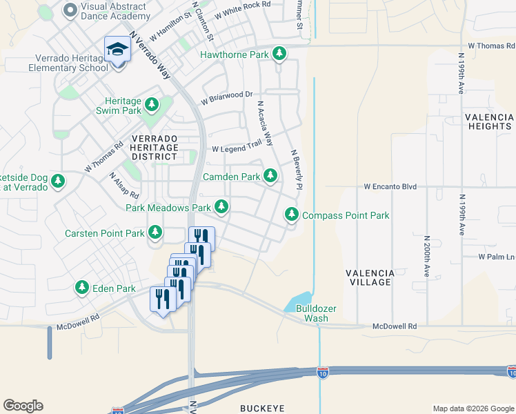 map of restaurants, bars, coffee shops, grocery stores, and more near 2233 North Springfield Street in Buckeye
