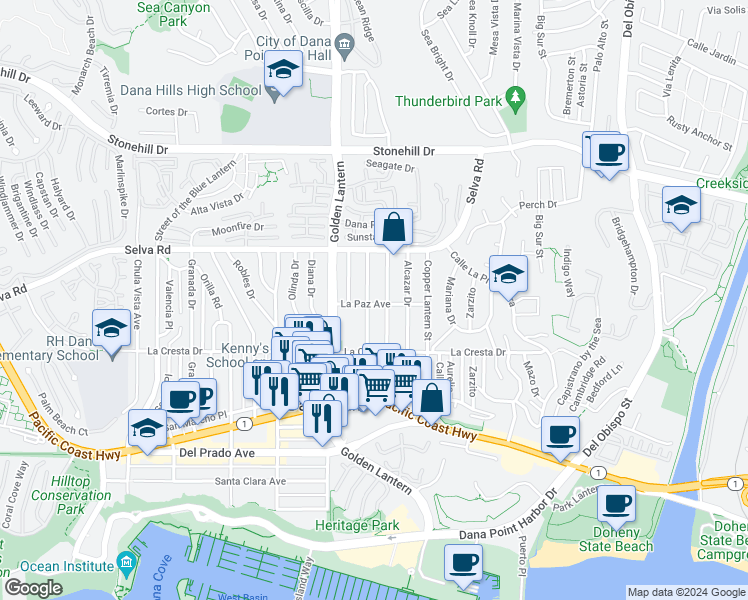 map of restaurants, bars, coffee shops, grocery stores, and more near 33862 Silver Lantern Street in Dana Point