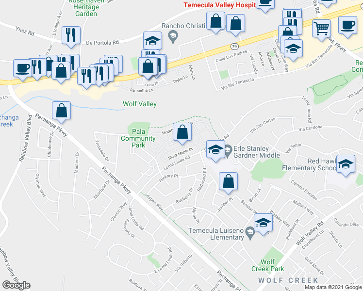 map of restaurants, bars, coffee shops, grocery stores, and more near 31186 Lavender Court in Temecula
