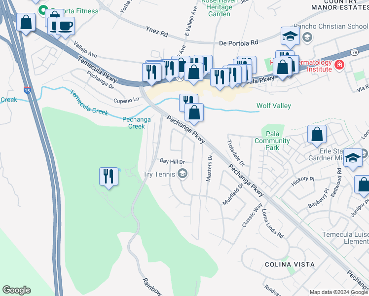 map of restaurants, bars, coffee shops, grocery stores, and more near 45388 Clubhouse Drive in Temecula