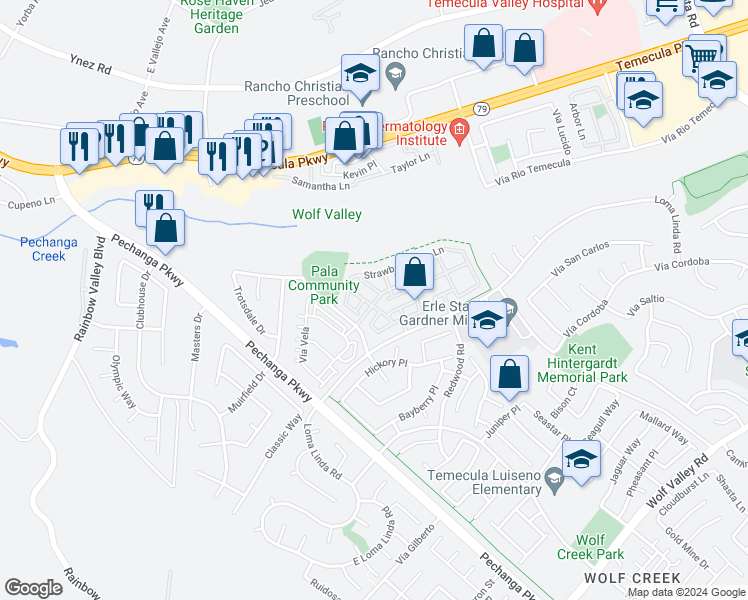 map of restaurants, bars, coffee shops, grocery stores, and more near 31136 Sunflower Way in Temecula