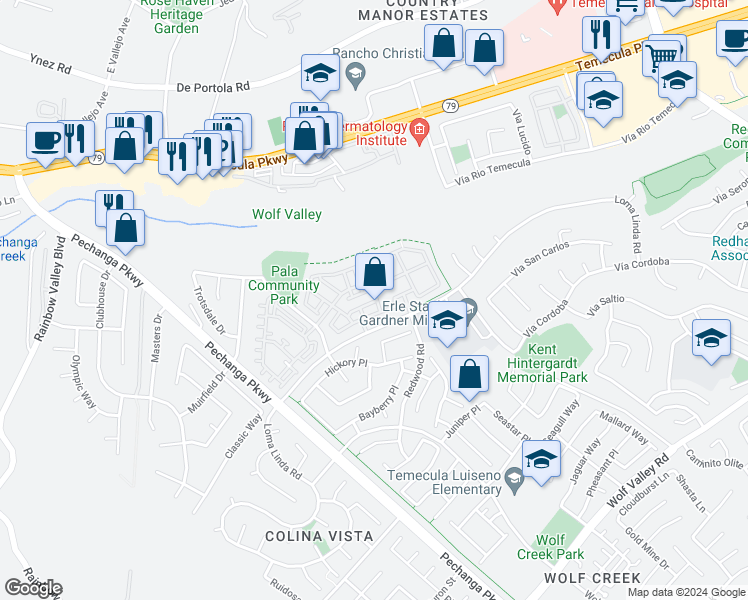 map of restaurants, bars, coffee shops, grocery stores, and more near 31180 Lavender Court in Temecula