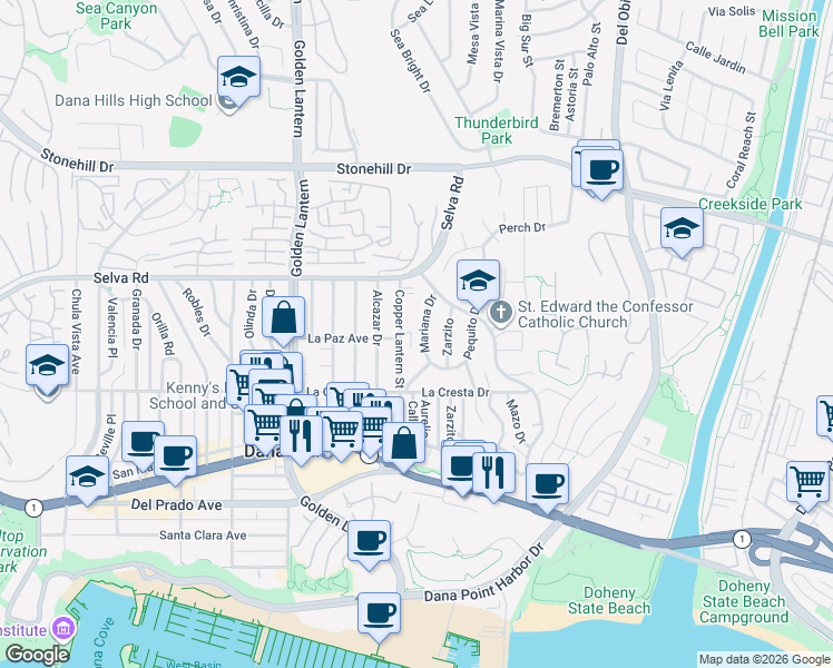 map of restaurants, bars, coffee shops, grocery stores, and more near 33861 Mariana Drive in Dana Point