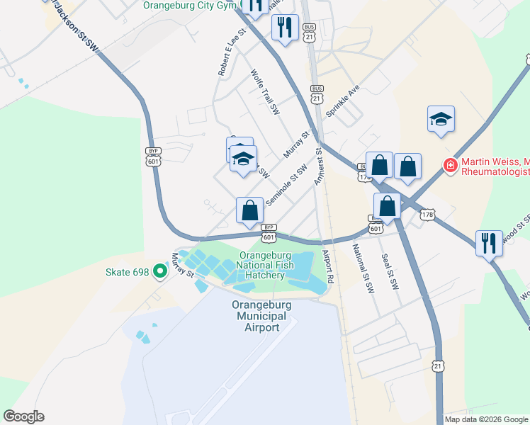 map of restaurants, bars, coffee shops, grocery stores, and more near 371 Seminole Street Southwest in Orangeburg
