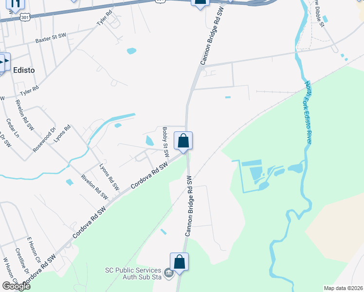 map of restaurants, bars, coffee shops, grocery stores, and more near 1 Cordova Road Southwest in Orangeburg