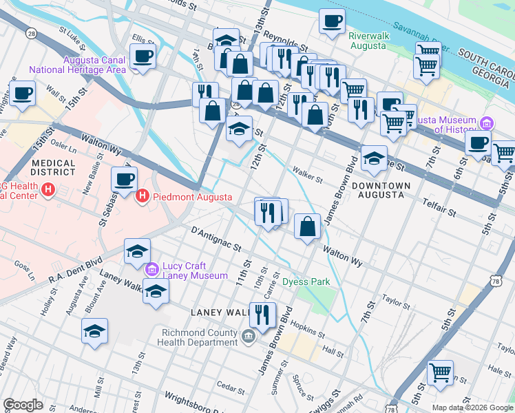 map of restaurants, bars, coffee shops, grocery stores, and more near in Augusta