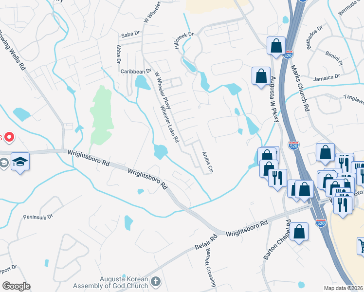 map of restaurants, bars, coffee shops, grocery stores, and more near 5130 Wheeler Lake Road in Augusta