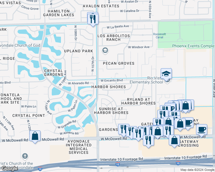 map of restaurants, bars, coffee shops, grocery stores, and more near 10633 W Alvarado Rd in Avondale