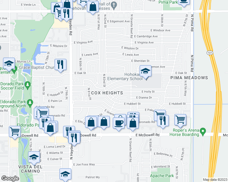 map of restaurants, bars, coffee shops, grocery stores, and more near 8261 East Monte Vista Road in Scottsdale