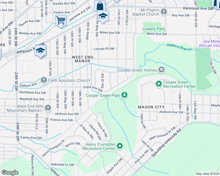 map of restaurants, bars, coffee shops, grocery stores, and more near 1748 Grant Avenue Southwest in Birmingham