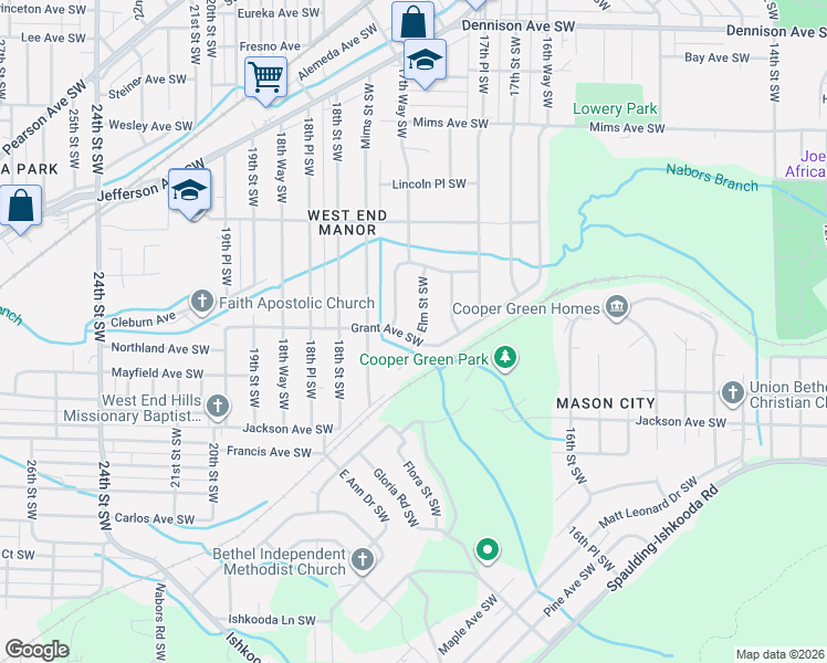 map of restaurants, bars, coffee shops, grocery stores, and more near 1548 Elm Street Southwest in Birmingham
