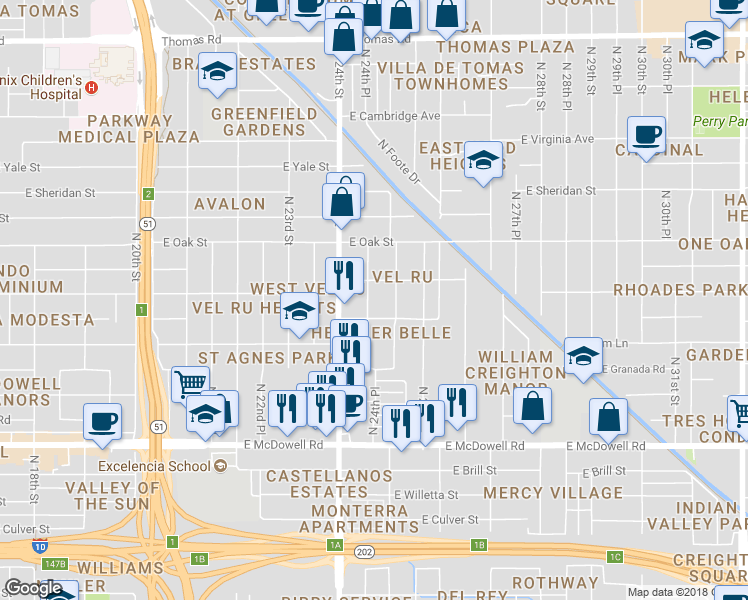 map of restaurants, bars, coffee shops, grocery stores, and more near 2113 North 24th Place in Phoenix