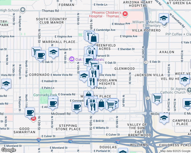 map of restaurants, bars, coffee shops, grocery stores, and more near 1617 East Monte Vista Road in Phoenix