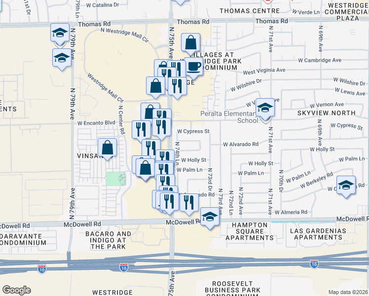map of restaurants, bars, coffee shops, grocery stores, and more near 7416 West Monte Vista Road in Phoenix