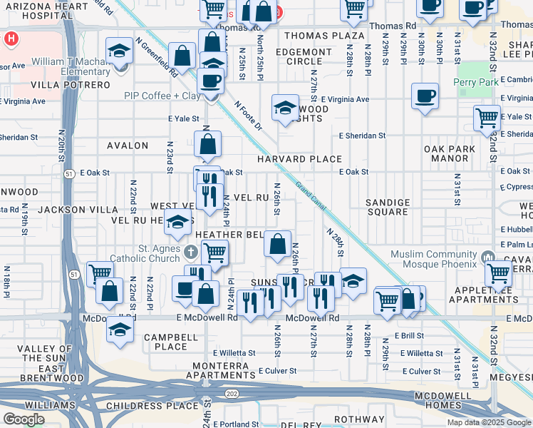 map of restaurants, bars, coffee shops, grocery stores, and more near 2113 North 25th Place in Phoenix