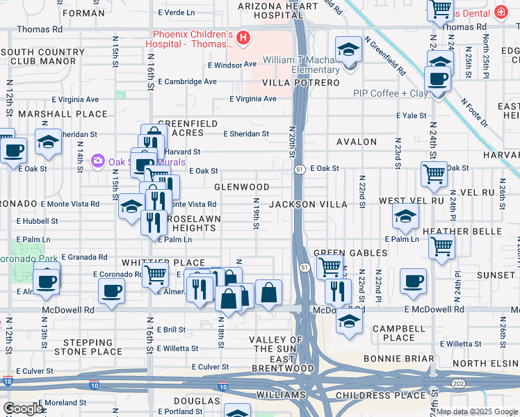 map of restaurants, bars, coffee shops, grocery stores, and more near 1901 East Monte Vista Road in Phoenix