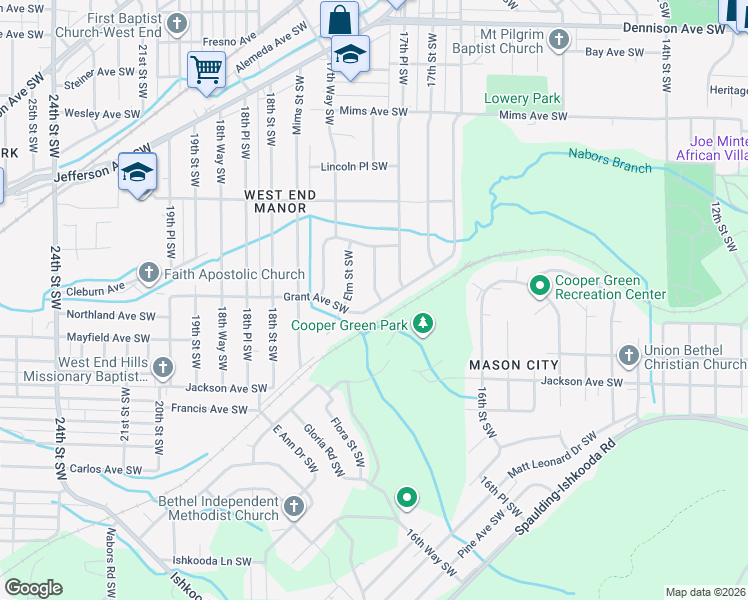 map of restaurants, bars, coffee shops, grocery stores, and more near 1748 Grant Avenue Southwest in Birmingham