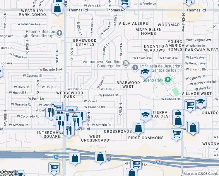 map of restaurants, bars, coffee shops, grocery stores, and more near 4750 West Holly Street in Phoenix