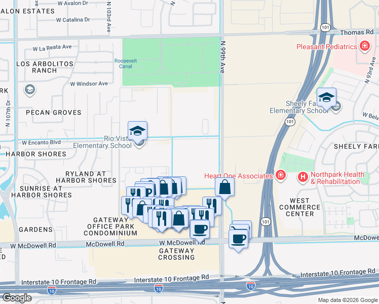map of restaurants, bars, coffee shops, grocery stores, and more near 9975 West Encanto Boulevard in Avondale