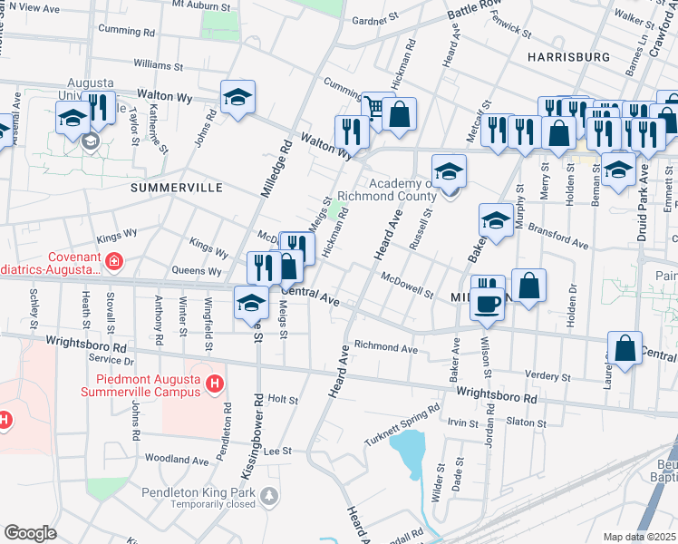 map of restaurants, bars, coffee shops, grocery stores, and more near 1115 Cobb Street in Augusta