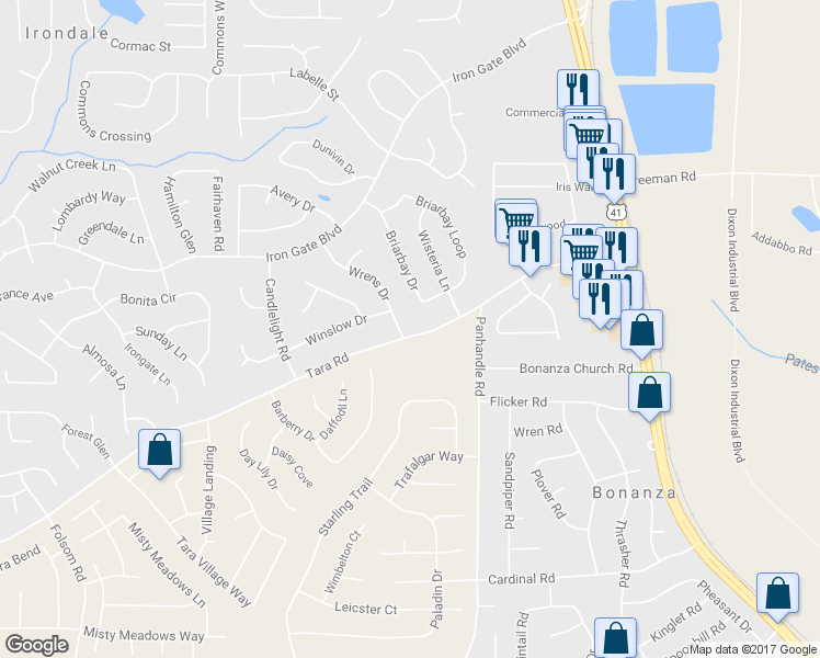 map of restaurants, bars, coffee shops, grocery stores, and more near 10442 Wrens Drive in Jonesboro