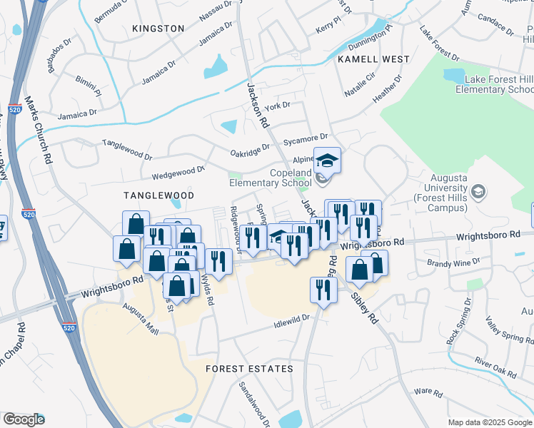 map of restaurants, bars, coffee shops, grocery stores, and more near 1410 Springview Drive in Augusta
