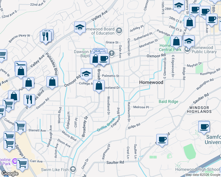 map of restaurants, bars, coffee shops, grocery stores, and more near 301 Woodland Drive in Birmingham