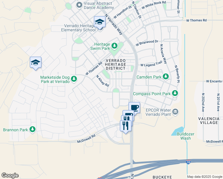 map of restaurants, bars, coffee shops, grocery stores, and more near 2221 North Riley Road in Buckeye