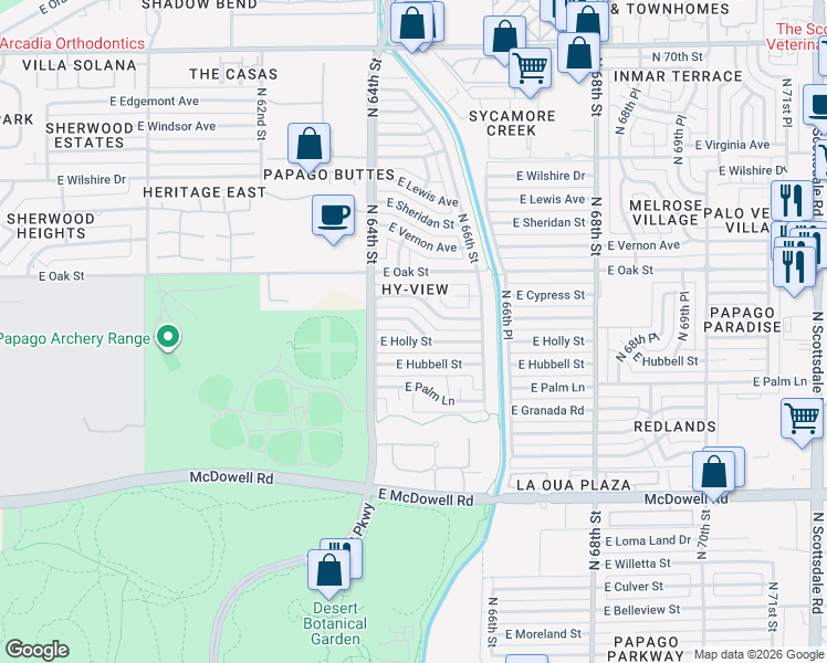 map of restaurants, bars, coffee shops, grocery stores, and more near 6449 East Parkview Drive in Scottsdale