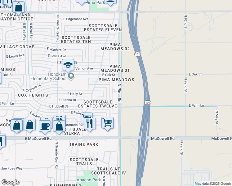 map of restaurants, bars, coffee shops, grocery stores, and more near 2037 North 87th Way in Scottsdale
