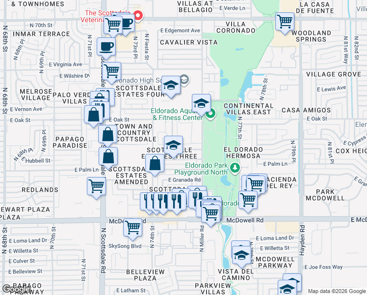 map of restaurants, bars, coffee shops, grocery stores, and more near 7504 East Holly Street in Scottsdale